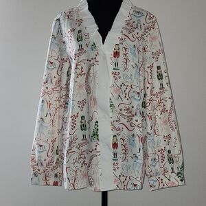 White Nutcracker Print Button-Front Women's Blouse